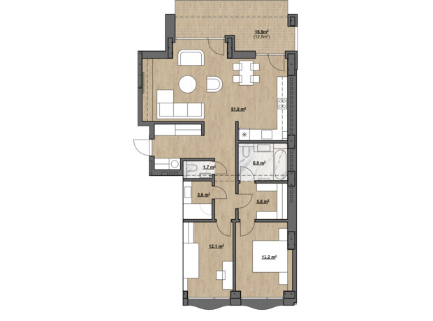 ЖК Residence Eleven: планировка 3-комнатной квартиры 106.8 м²