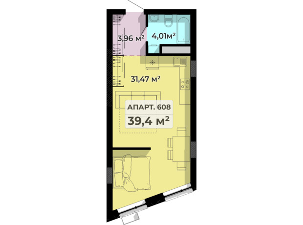 Апарт-комплекс Престиж Холл: планировка 1-комнатной квартиры 39.4 м²