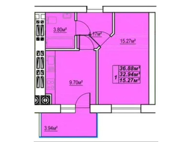 ЖК Сафрон: планировка 1-комнатной квартиры 36.88 м²