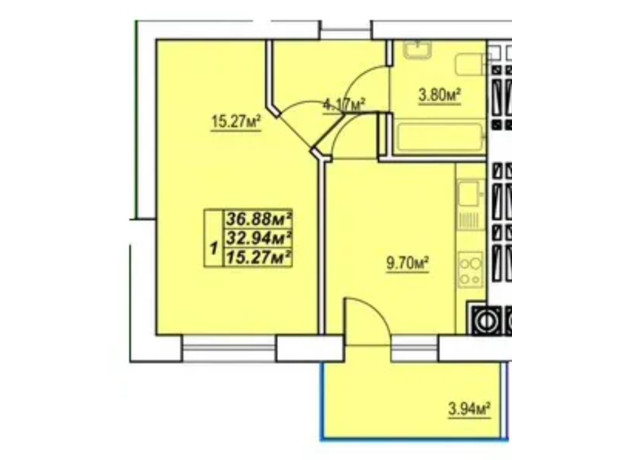 ЖК Сафрон: планировка 1-комнатной квартиры 36.88 м²