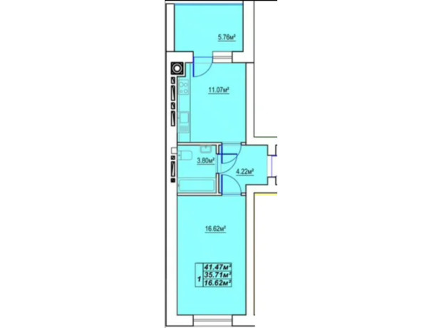 ЖК Сафрон: планировка 1-комнатной квартиры 41.47 м²