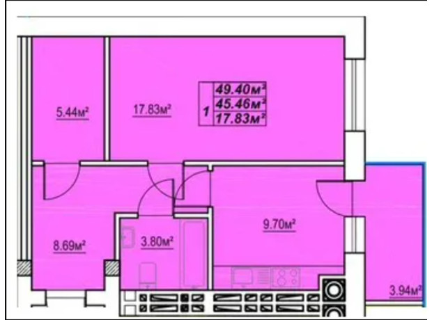 ЖК Сафрон: планировка 1-комнатной квартиры 49.4 м²