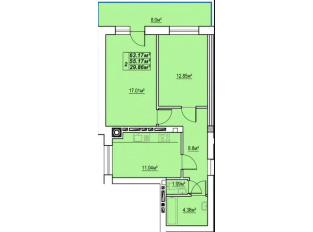 ЖК Сафрон: планировка 2-комнатной квартиры 63.17 м²