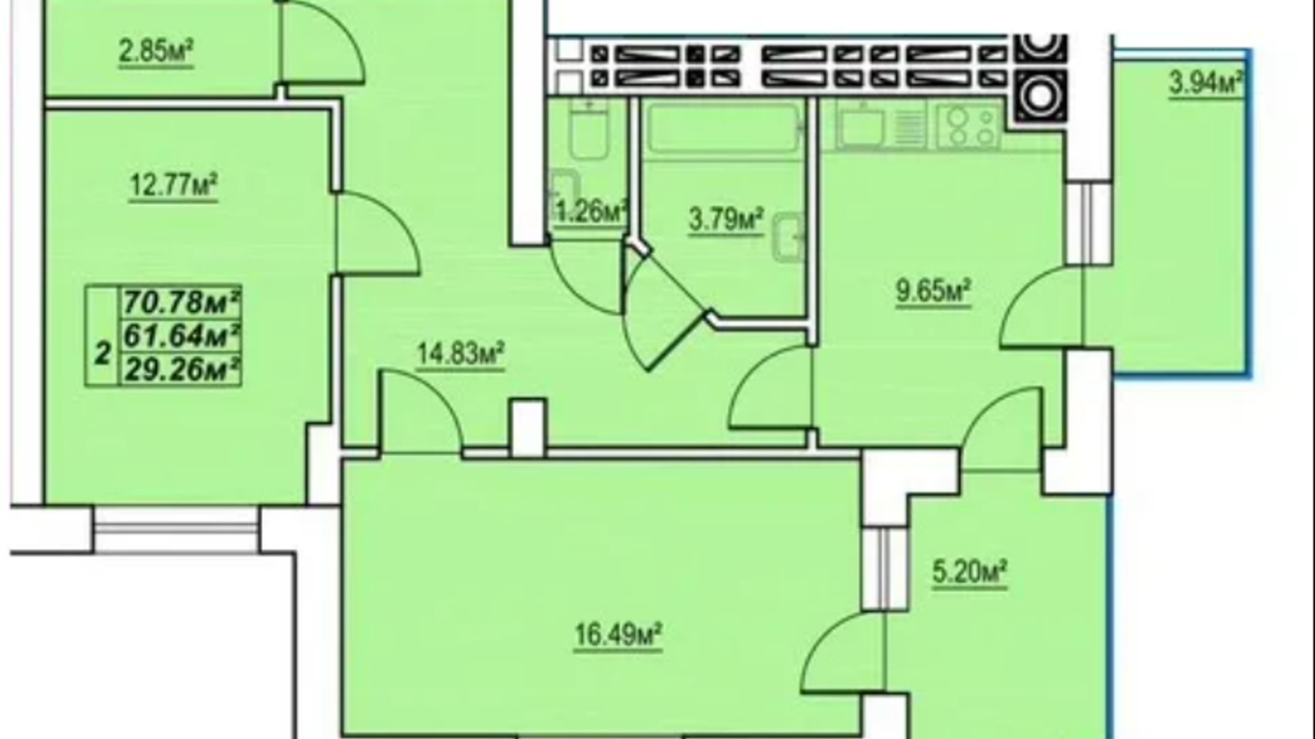 Планировка 2-комнатной квартиры в ЖК Сафрон 70.78 м², фото 591443