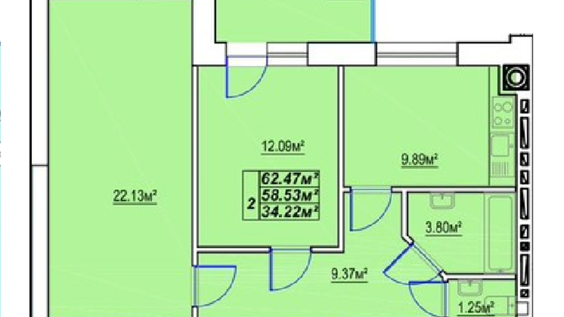 Планування 2-кімнатної квартири в ЖК Сафрон 62.47 м², фото 591445