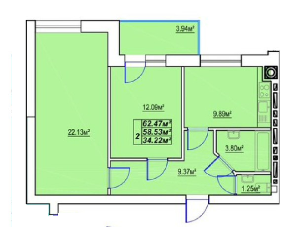 ЖК Сафрон: планировка 2-комнатной квартиры 62.47 м²