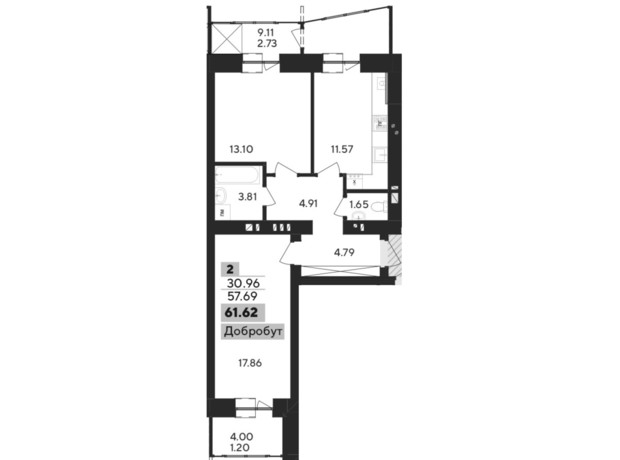 ЖК Argo: планировка 2-комнатной квартиры 61.46 м²