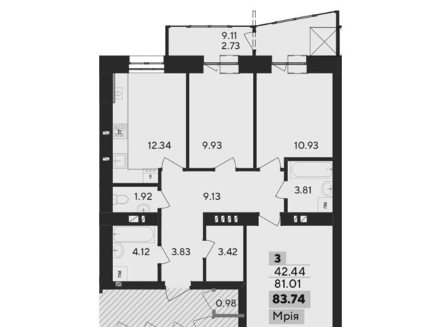 ЖК Argo: планировка 3-комнатной квартиры 83.32 м²