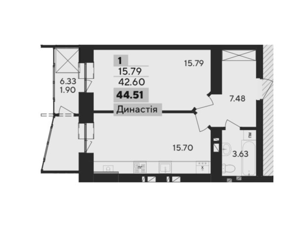 ЖК Argo: планировка 1-комнатной квартиры 44.51 м²