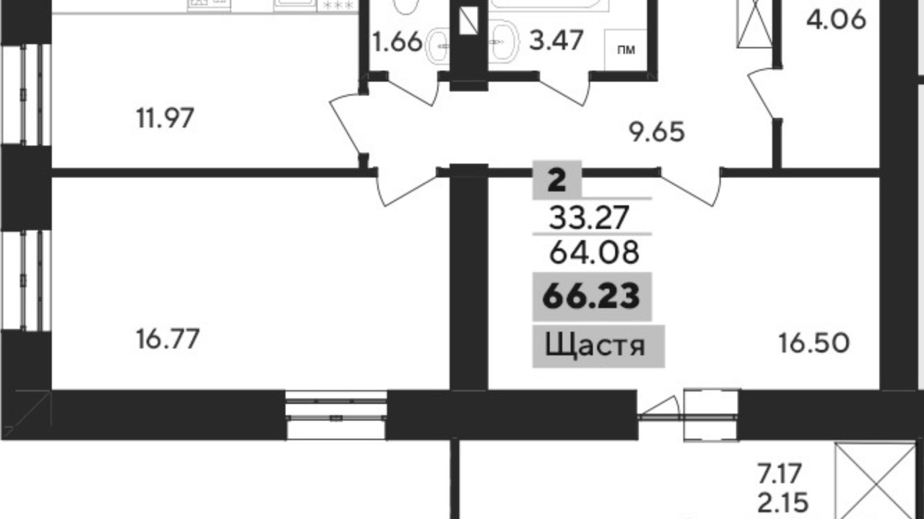 Планування 2-кімнатної квартири в ЖК Argo 66.23 м², фото 591450