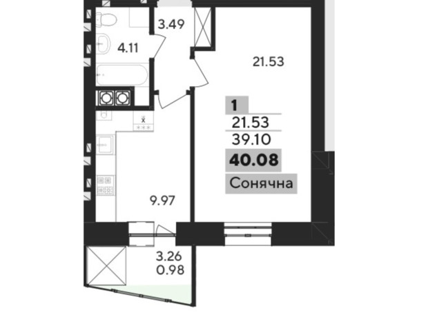 ЖК Argo: планировка 1-комнатной квартиры 39.8 м²