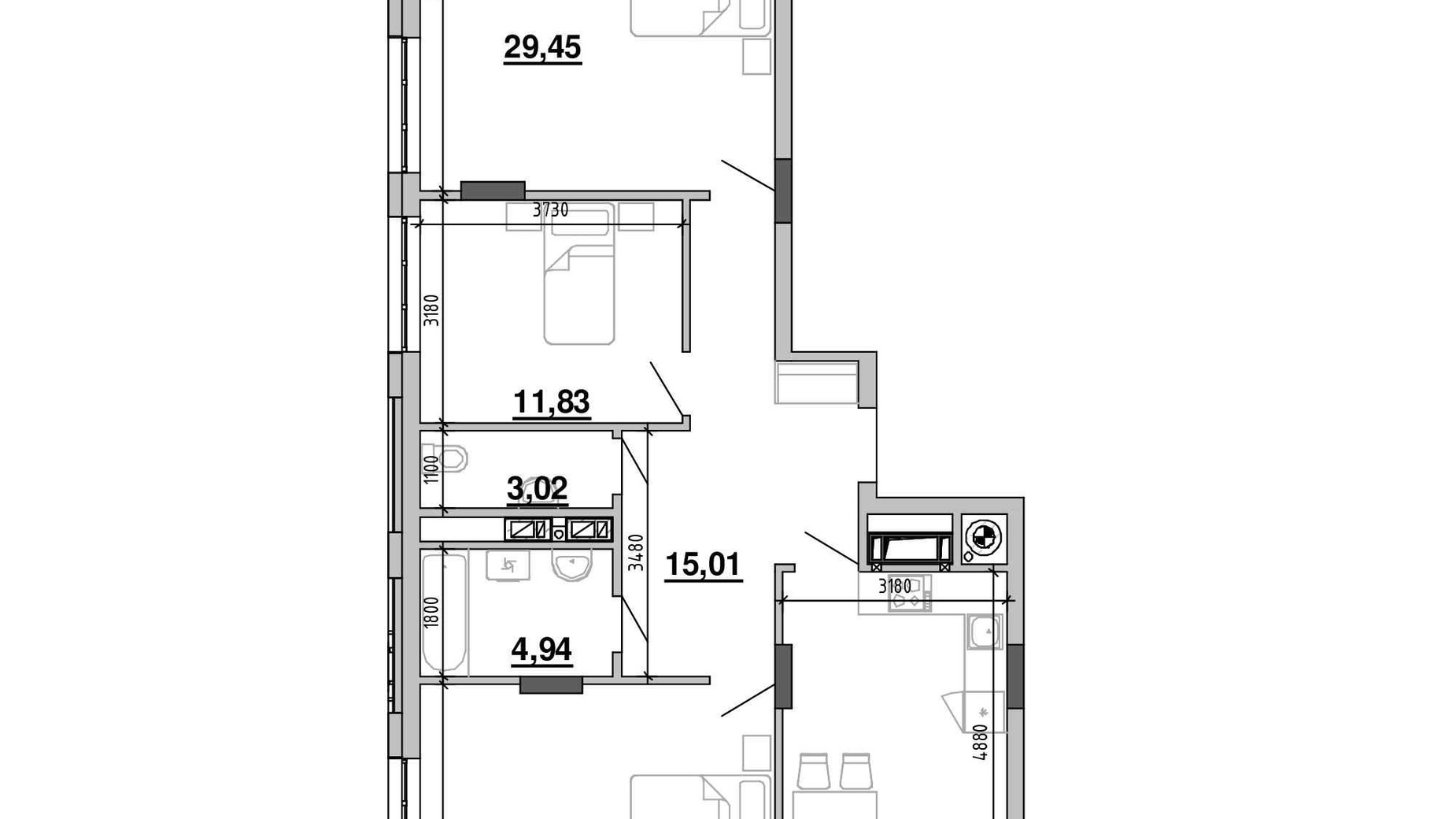 Планування 3-кімнатної квартири в ЖК Містечко Підзамче 107.48 м², фото 591791