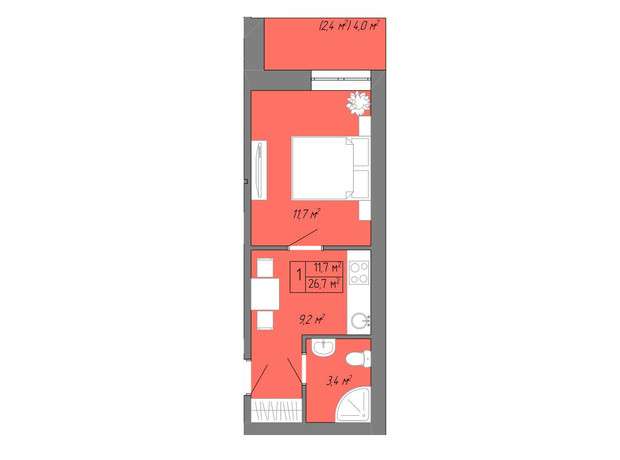 ЖК Акварель 2: планування 1-кімнатної квартири 28.6 м²