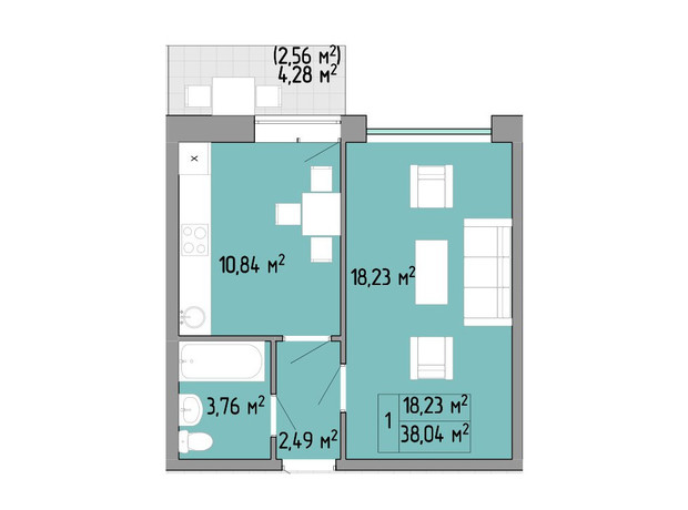 ЖК Акварель 2: планировка 1-комнатной квартиры 39.2 м²