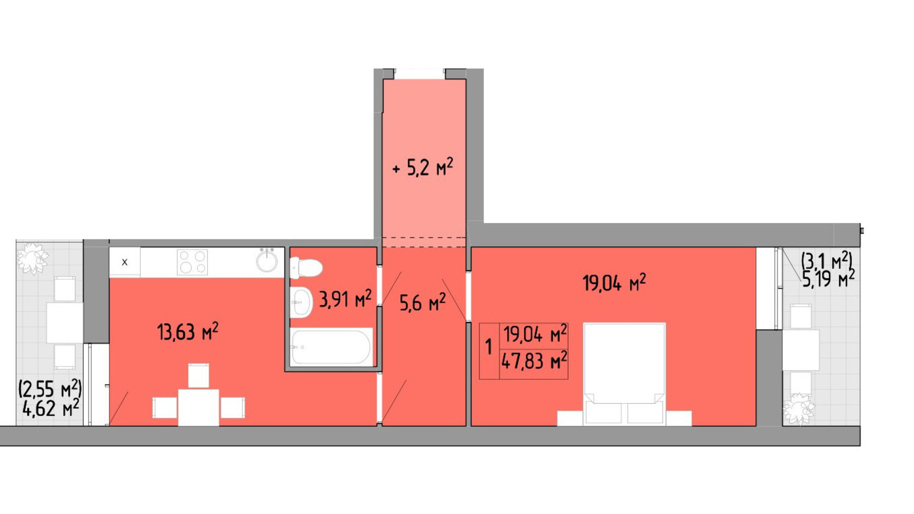 Планування 1-кімнатної квартири в ЖК Акварель 2 56.9 м², фото 592032