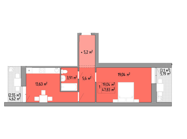 ЖК Акварель 2: планировка 1-комнатной квартиры 56.9 м²