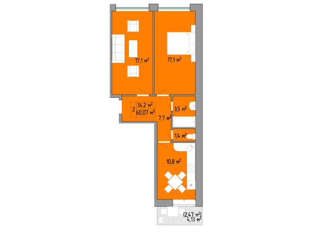 ЖК Акварель 2: планировка 2-комнатной квартиры 61.3 м²