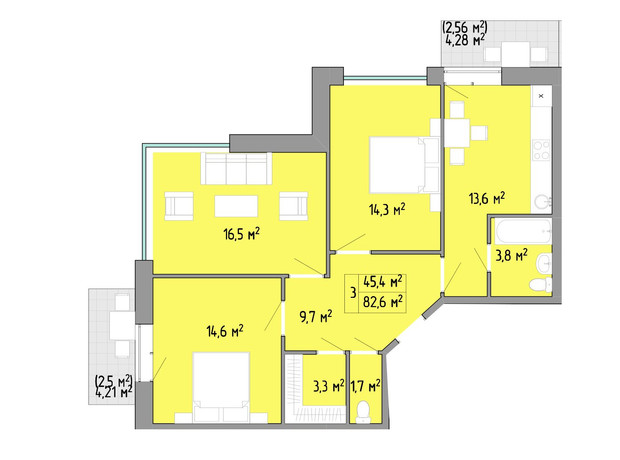 ЖК Акварель 2: планування 3-кімнатної квартири 83.4 м²