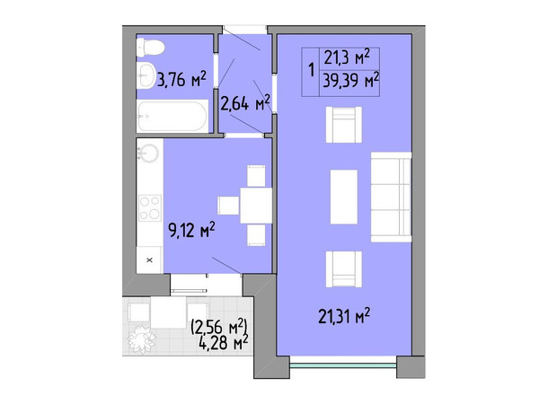 ЖК Акварель 2: планировка 1-комнатной квартиры 39.39 м²