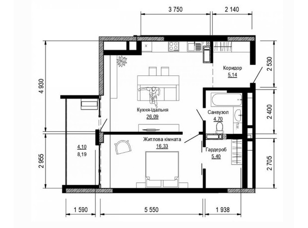 ЖК Pusha house: планування 1-кімнатної квартири 61.7 м²