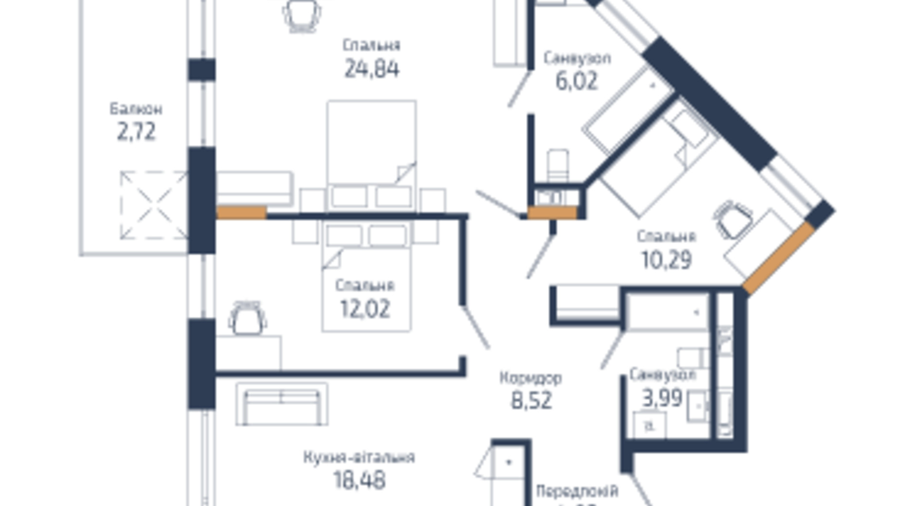 Планування 3-кімнатної квартири в ЖК N69 Residents 90.91 м², фото 592628