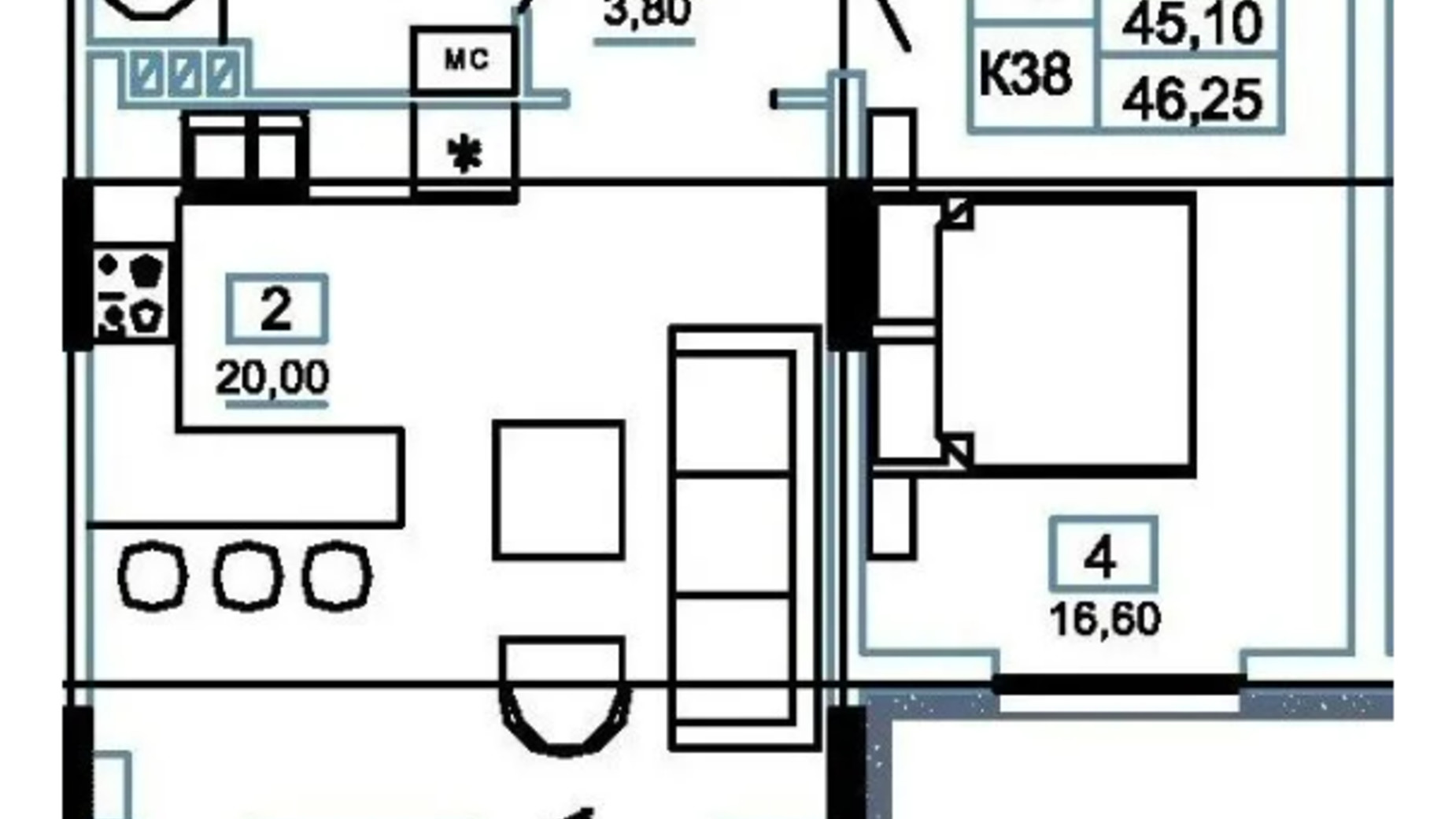 Планировка 1-комнатной квартиры в ЖК Канада 46.25 м², фото 592636