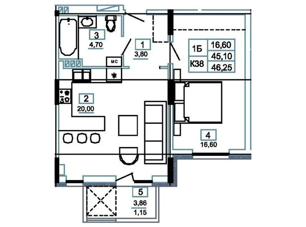 ЖК Канада: планування 1-кімнатної квартири 46.25 м²