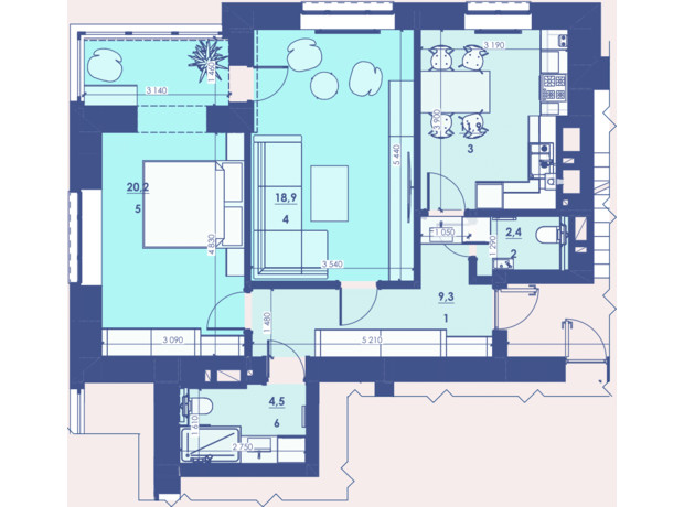 ЖК Great House: планировка 2-комнатной квартиры 66.4 м²