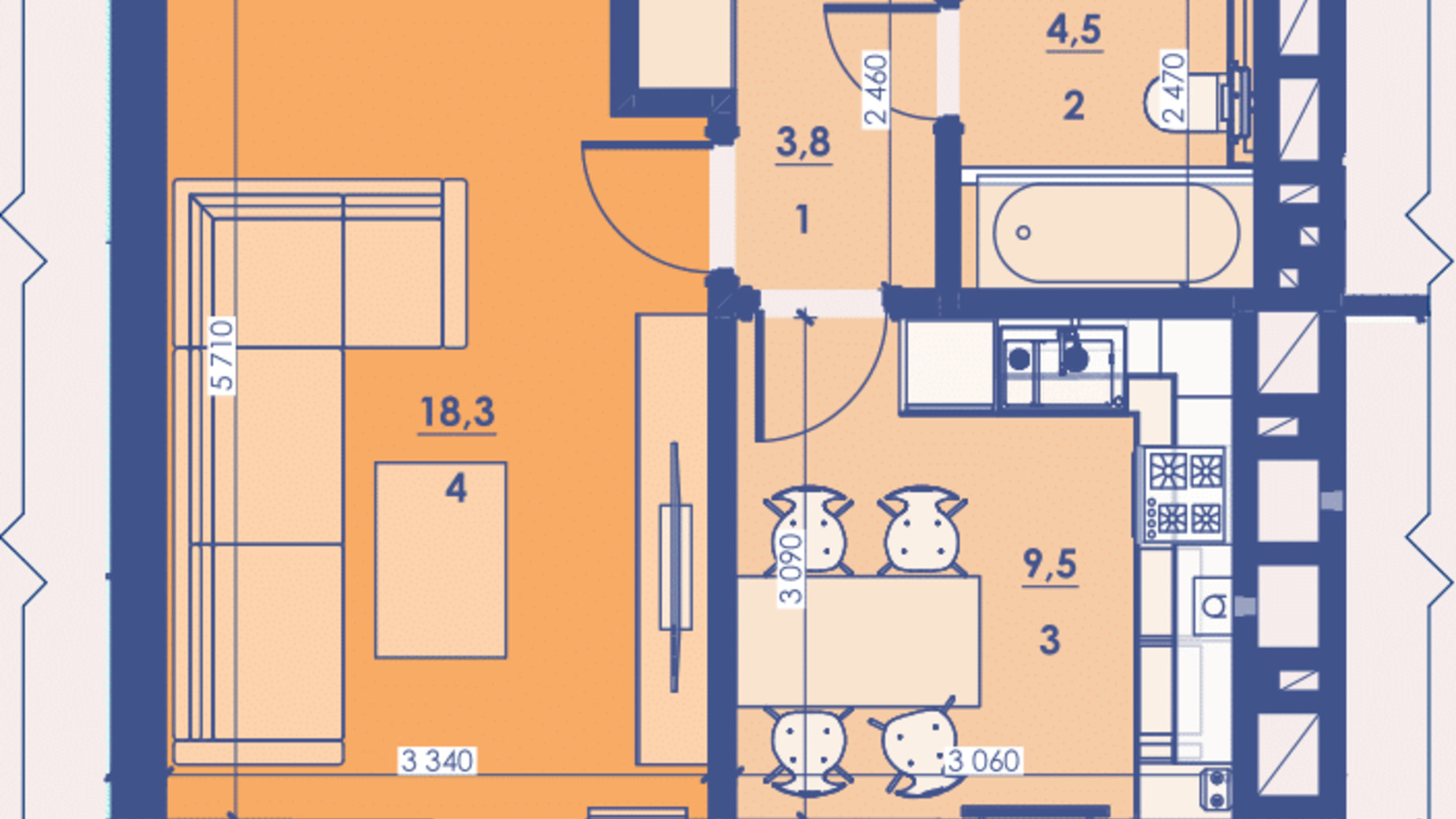 Планування 1-кімнатної квартири в ЖК Great House 41.3 м², фото 592746