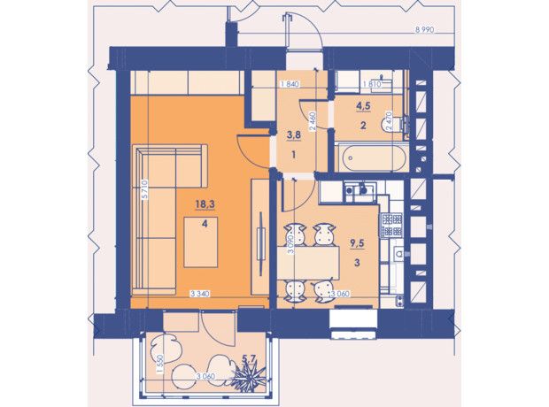 ЖК Great House: планування 1-кімнатної квартири 41.3 м²