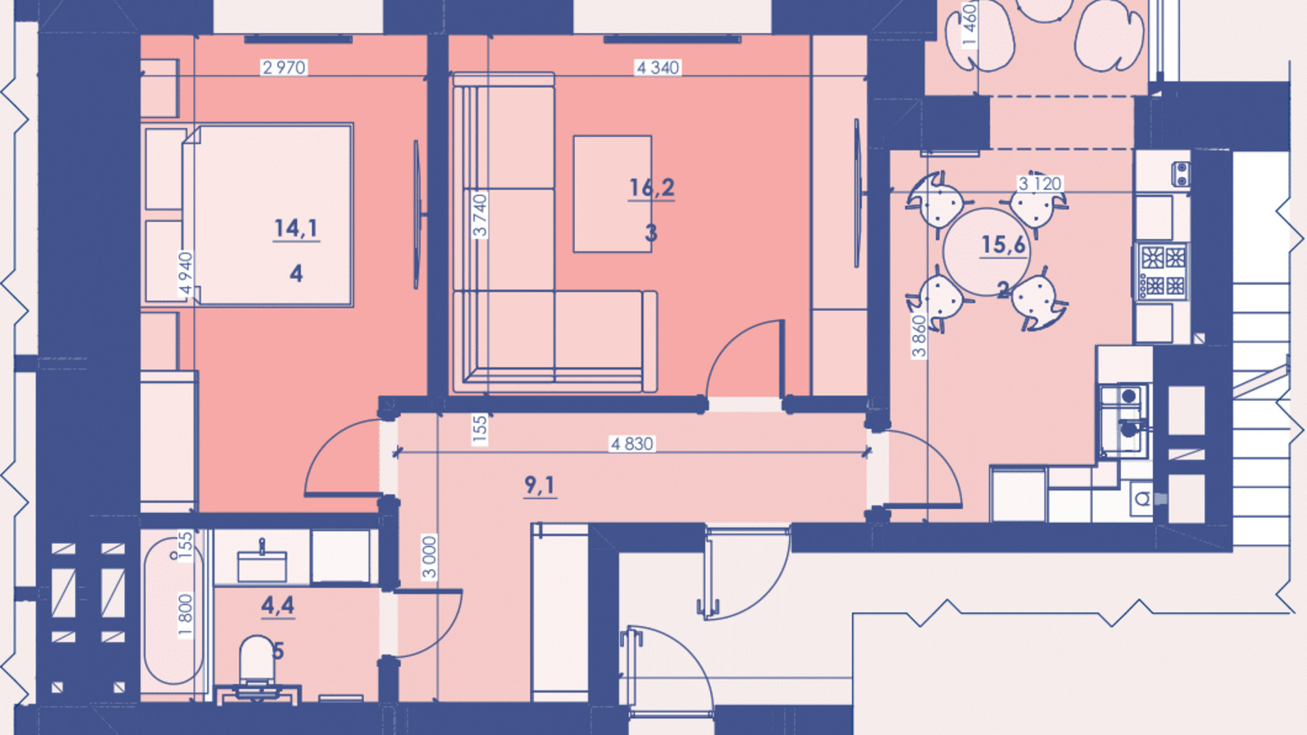 Планування 2-кімнатної квартири в ЖК Great House 59.6 м², фото 592750