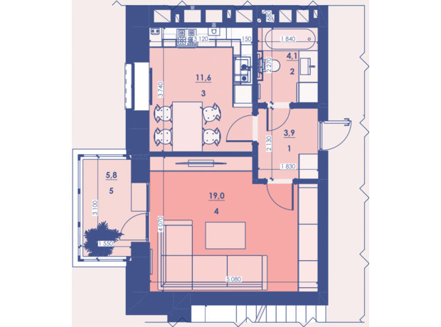 ЖК Great House: планировка 1-комнатной квартиры 44.2 м²
