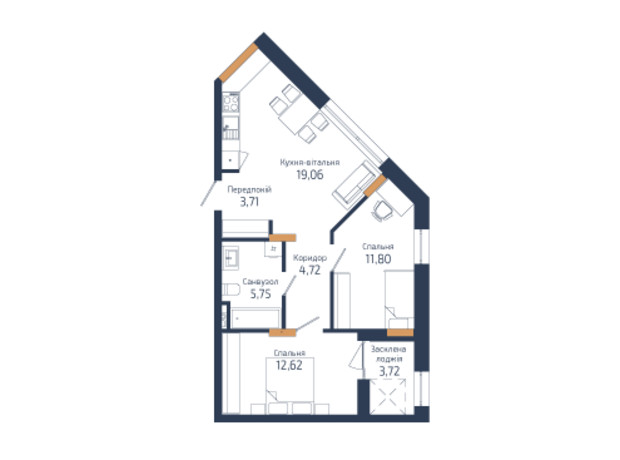 ЖК N69 Residents: планировка 2-комнатной квартиры 61.38 м²