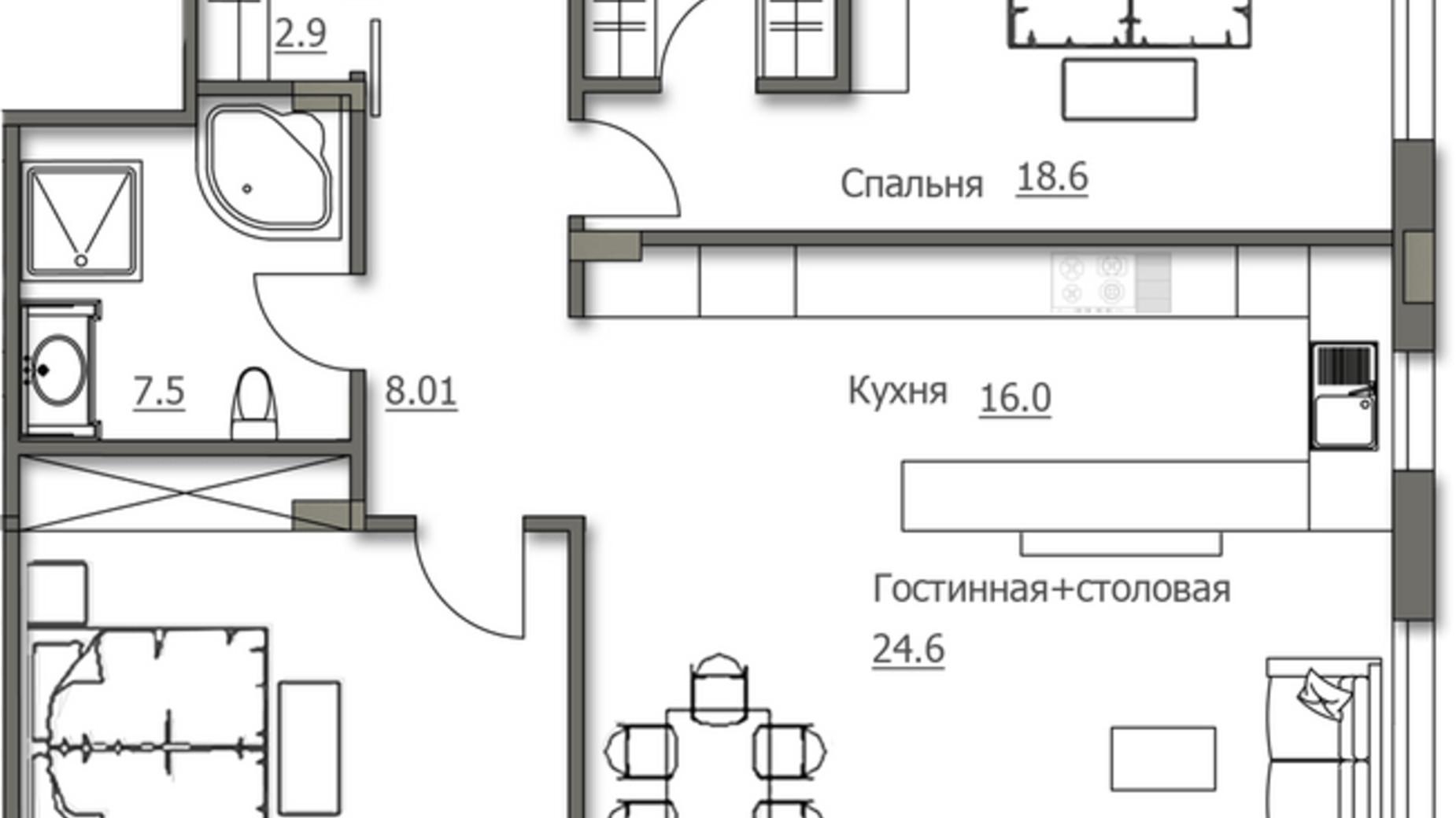 Планировка 2-комнатной квартиры в ЖК Бирюза 99.5 м², фото 592968