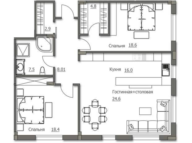 ЖК Бирюза: планировка 2-комнатной квартиры 99.5 м²