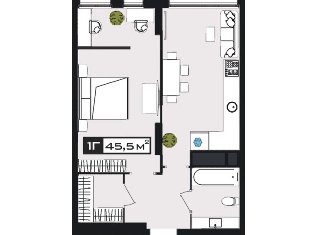 ЖК Peyot: планування 1-кімнатної квартири 45.5 м²