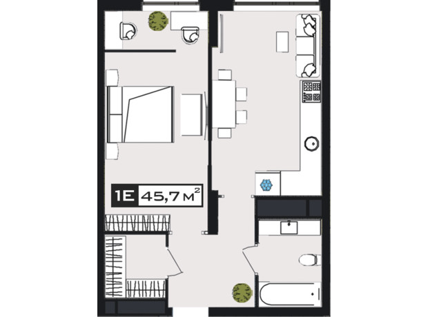 ЖК Peyot: планування 1-кімнатної квартири 45.7 м²