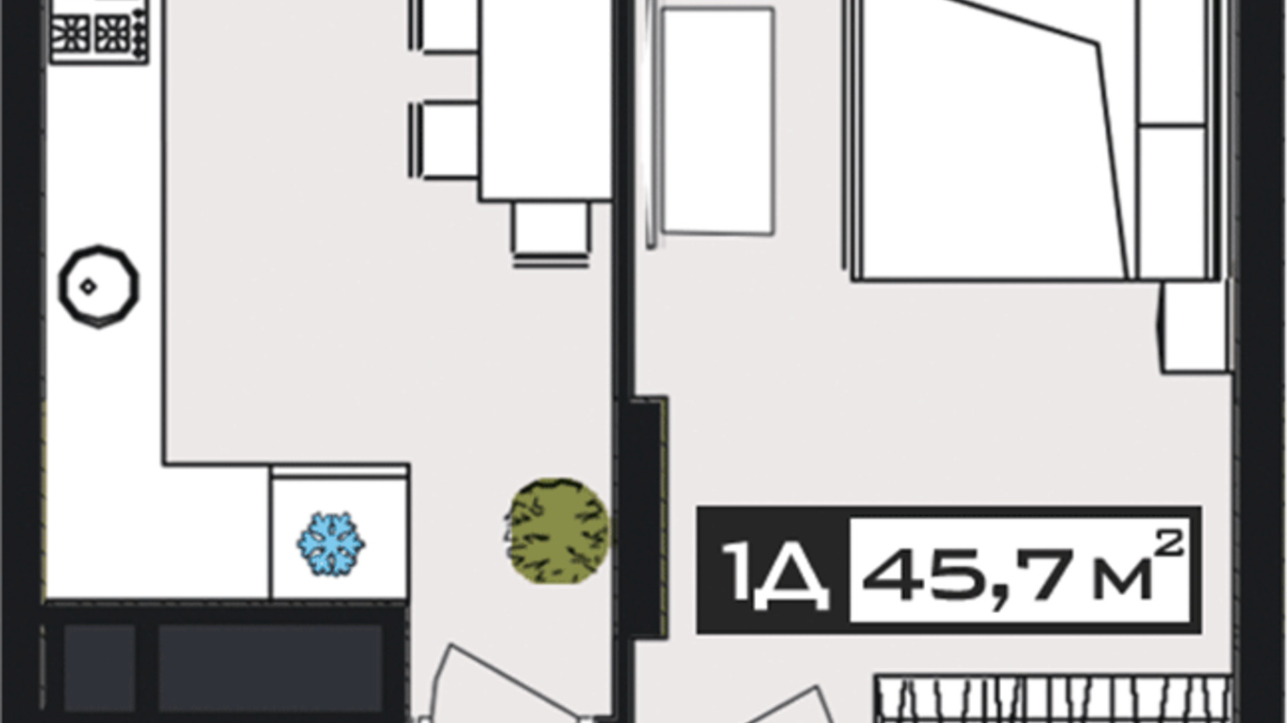 Планування 1-кімнатної квартири в ЖК Peyot 45.7 м², фото 592981