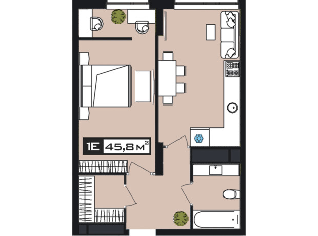 ЖК Peyot: планировка 1-комнатной квартиры 45.8 м²