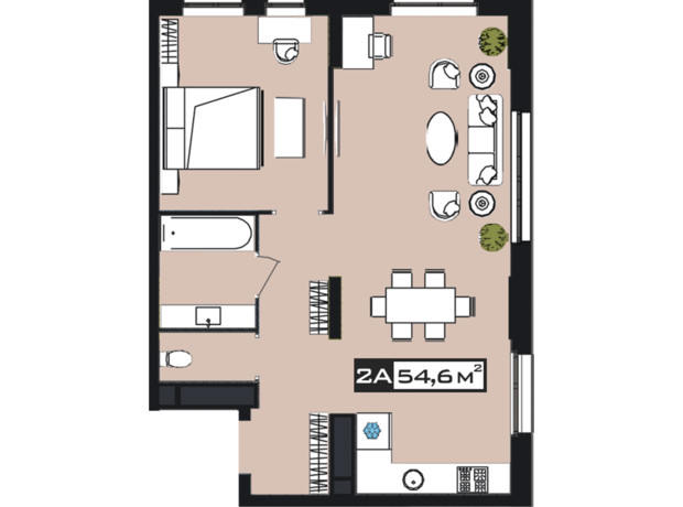 ЖК Peyot: планування 2-кімнатної квартири 54.6 м²