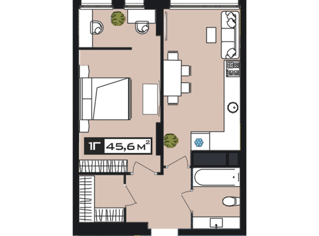 ЖК Peyot: планировка 1-комнатной квартиры 45.6 м²