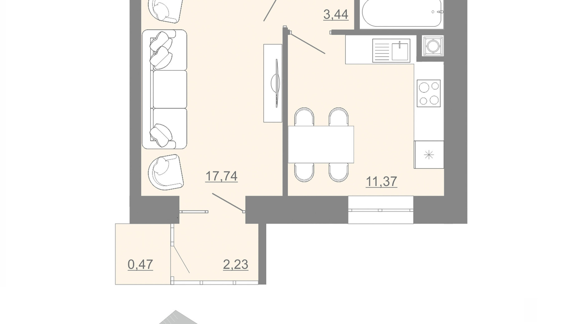 Планування 1-кімнатної квартири в ЖК Проект Панорама 39.2 м², фото 593178