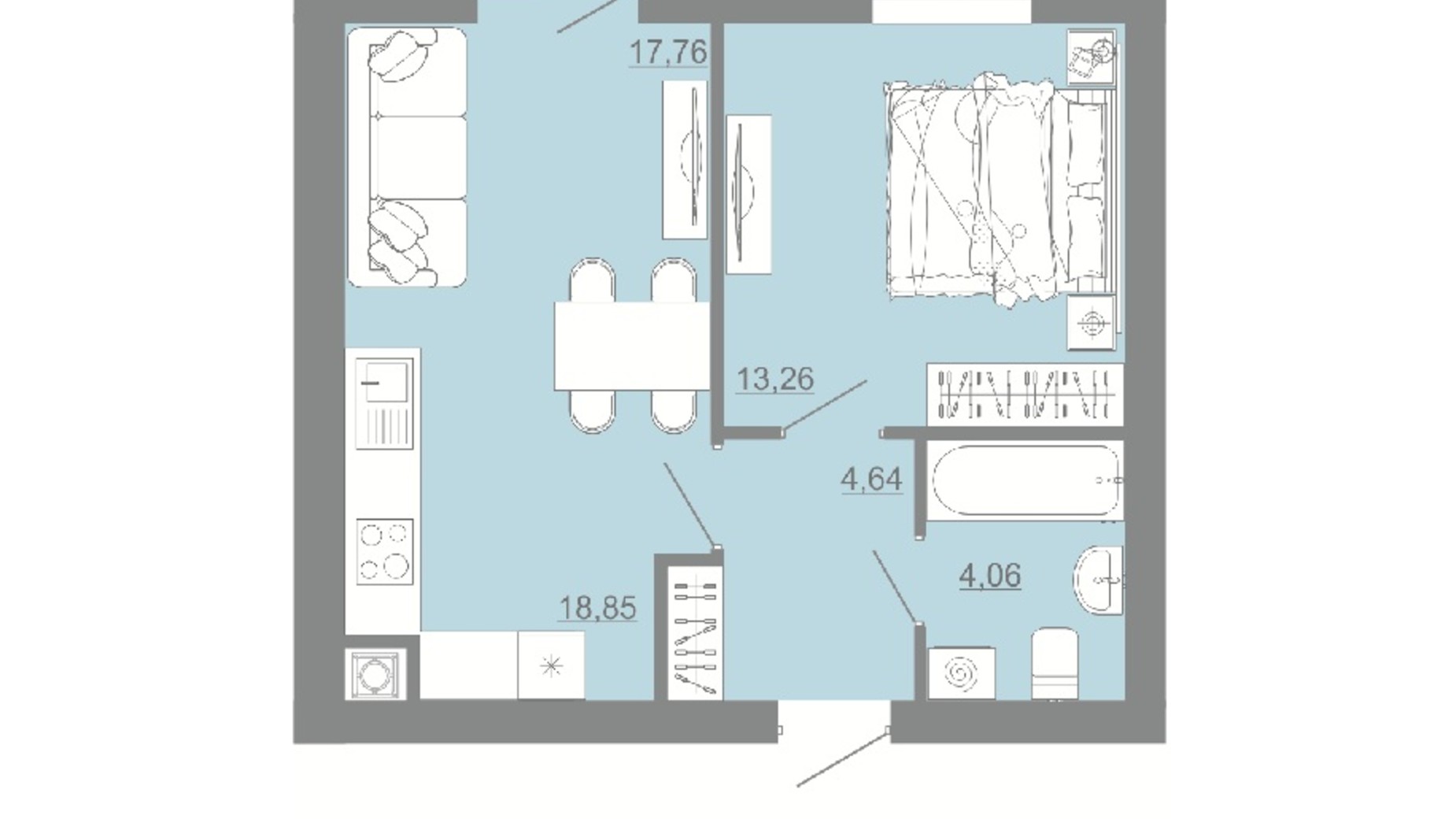 Планування 1-кімнатної квартири в ЖК Проект Панорама 41.96 м², фото 593183