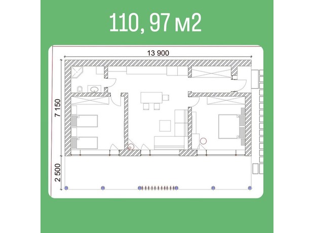 КГ Озерный: планировка 2-комнатной квартиры 110.97 м²