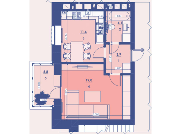 ЖК Great House: планировка 1-комнатной квартиры 44.4 м²