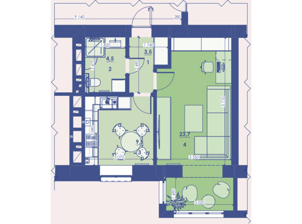 ЖК Great House: планування 1-кімнатної квартири 41.7 м²