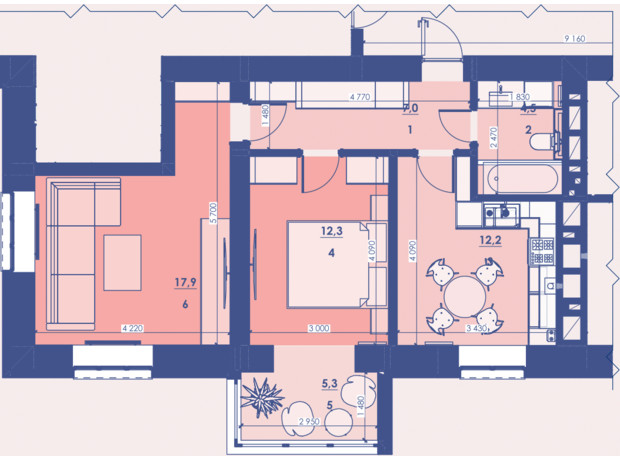 ЖК Great House: планировка 1-комнатной квартиры 59.6 м²