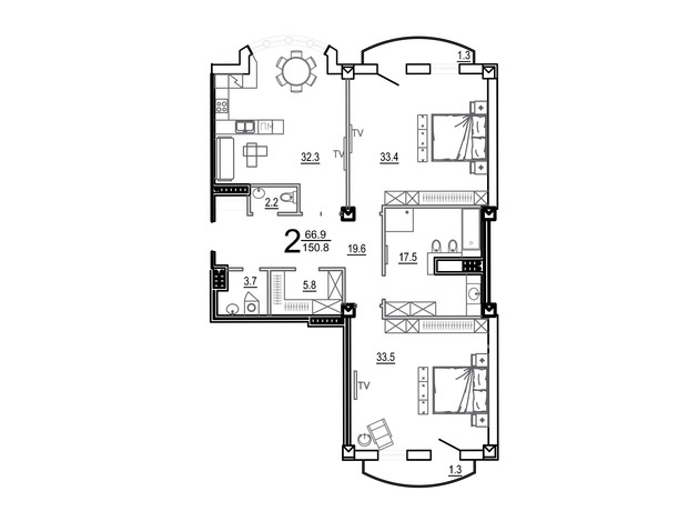 Клубний будинок Biarritz: планування 2-кімнатної квартири 154.2 м²