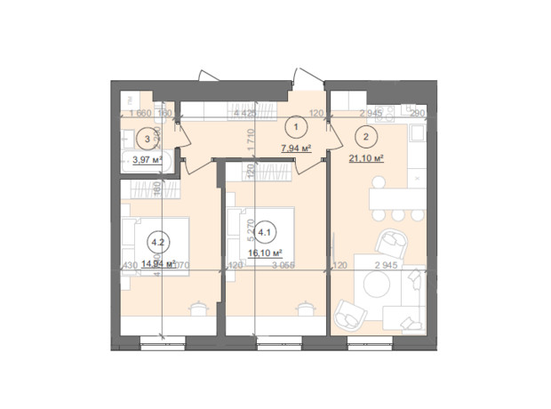 ЖК Well Home: планировка 2-комнатной квартиры 64.05 м²