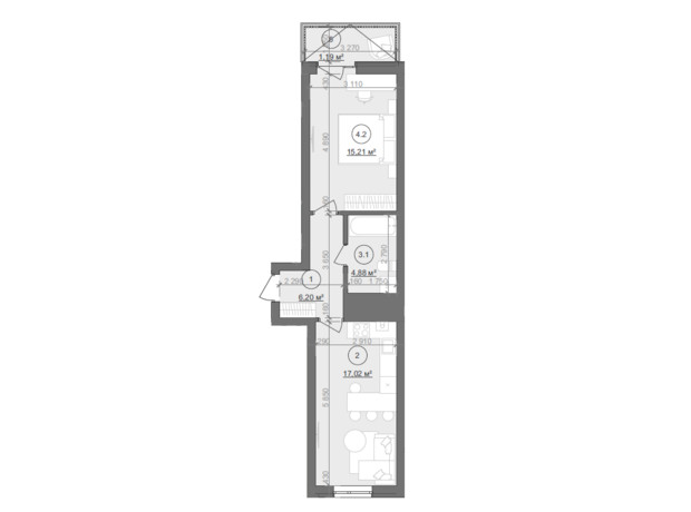 ЖК Well Home: планування 1-кімнатної квартири 44.5 м²